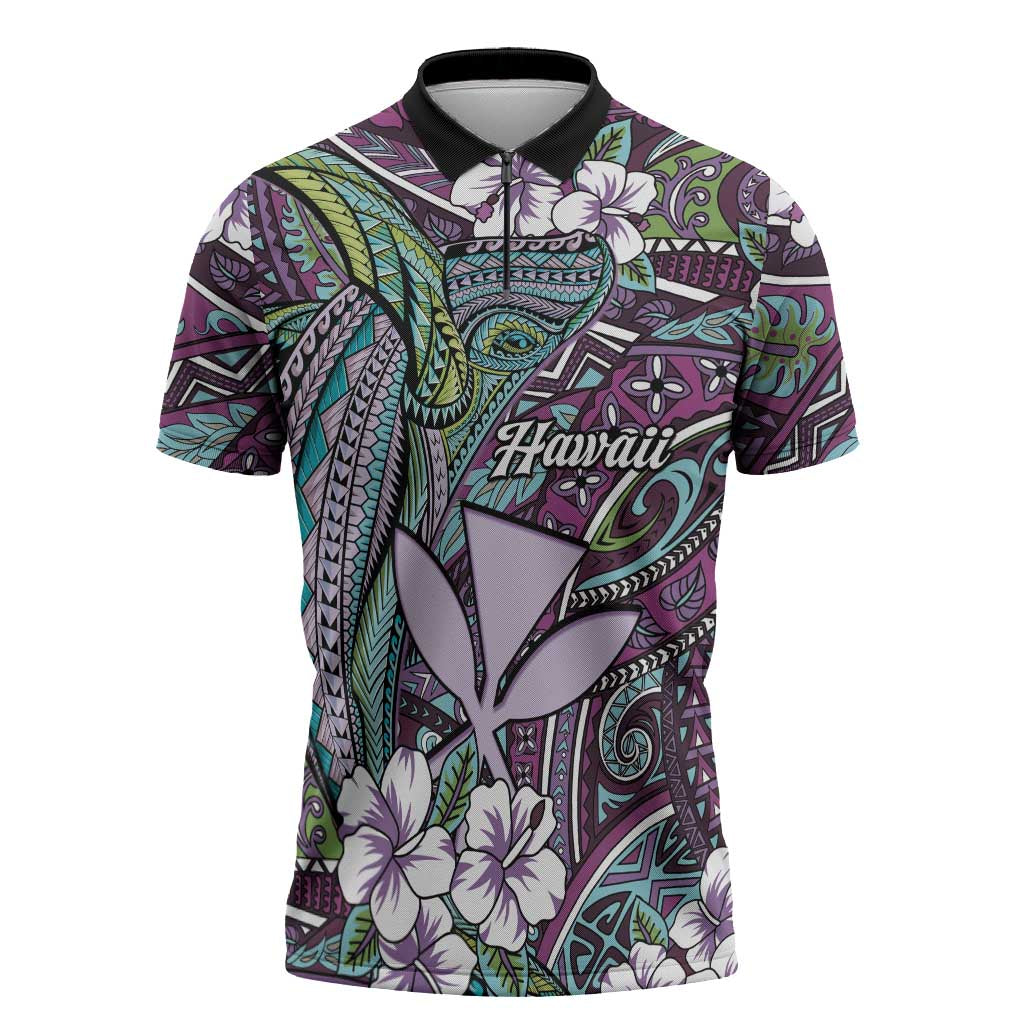 Personalised Hawaii Tribal Humpback Whale Zipper Polo Shirt Poni Hibiscus Seamless Pattern