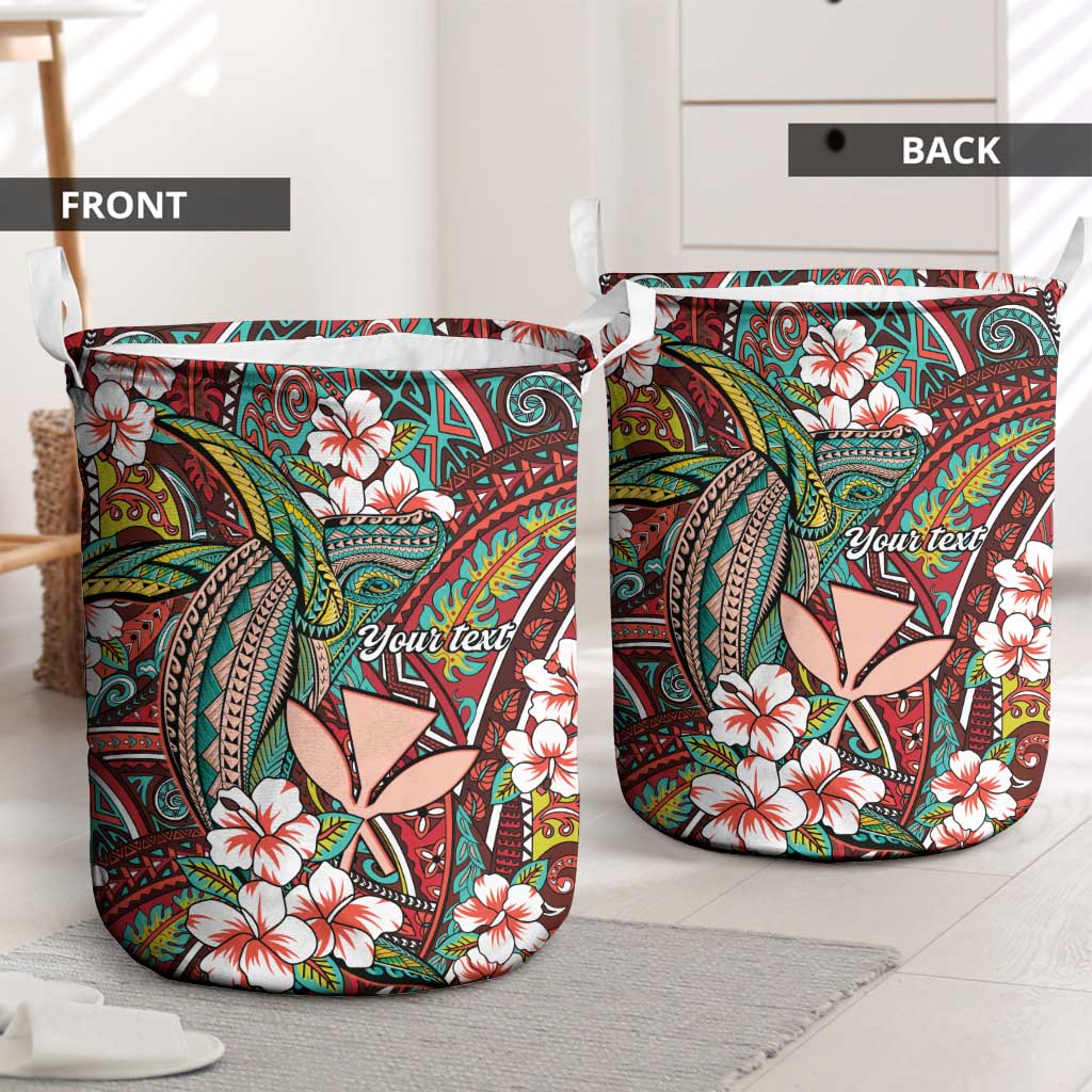 Personalised Hawaii Tribal Humpback Whale Laundry Basket Ulaula Hibiscus Seamless Pattern