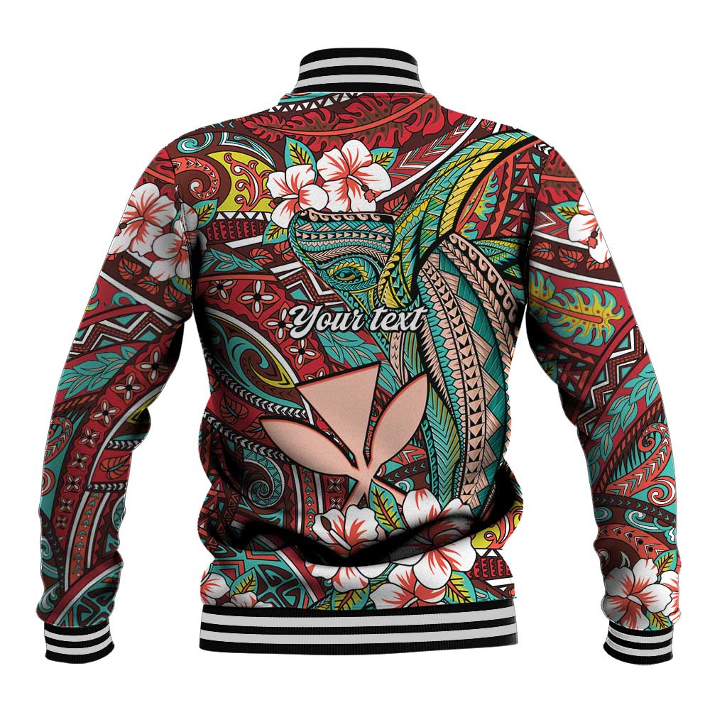 Personalised Hawaii Tribal Humpback Whale Baseball Jacket Ulaula Hibiscus Seamless Pattern