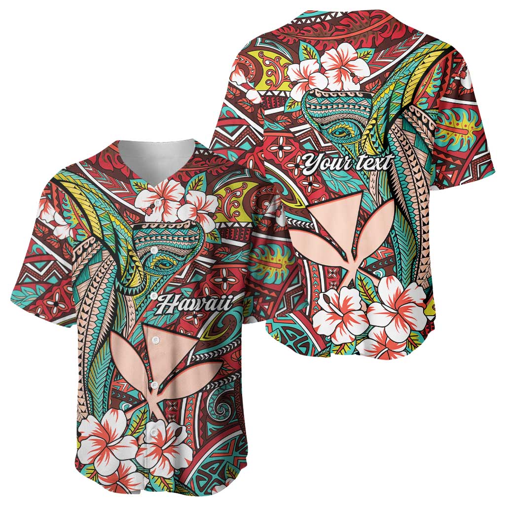 Personalised Hawaii Tribal Humpback Whale Baseball Jersey Ulaula Hibiscus Seamless Pattern