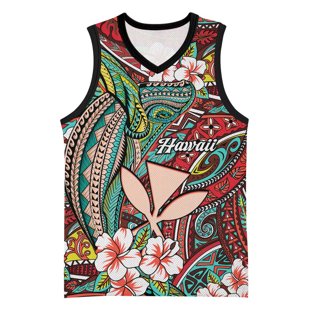 Personalised Hawaii Tribal Humpback Whale Basketball Jersey Ulaula Hibiscus Seamless Pattern