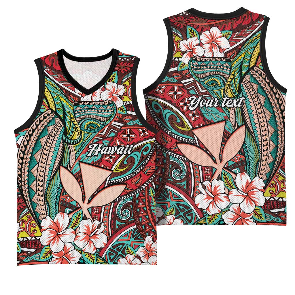 Personalised Hawaii Tribal Humpback Whale Basketball Jersey Ulaula Hibiscus Seamless Pattern