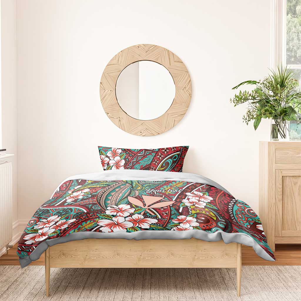 Personalised Hawaii Tribal Humpback Whale Bedding Set Ulaula Hibiscus Seamless Pattern