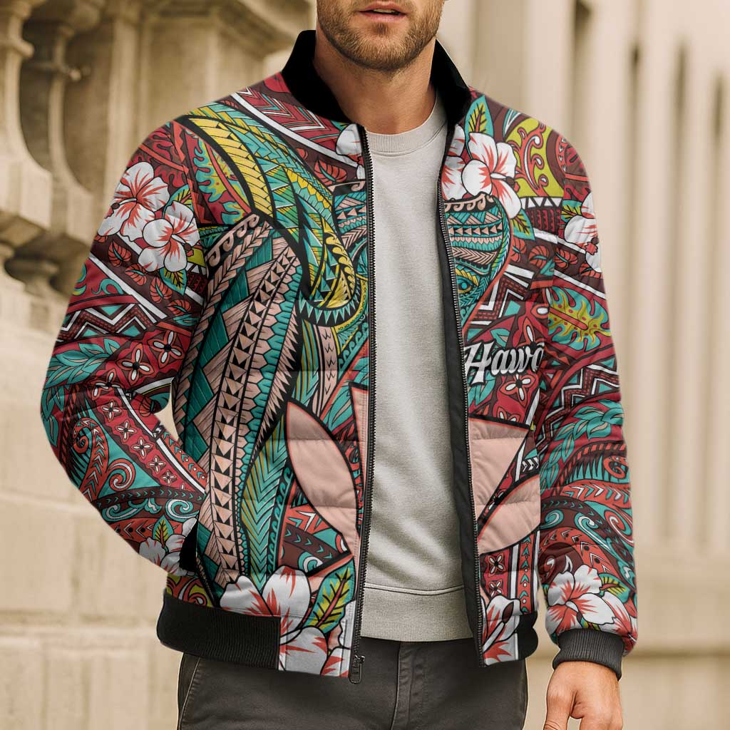 Personalised Hawaii Tribal Humpback Whale Bomber Puffer Jacket Ulaula Hibiscus Seamless Pattern