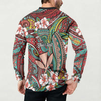 Personalised Hawaii Tribal Humpback Whale Button Sweatshirt Ulaula Hibiscus Seamless Pattern