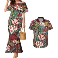 Personalised Hawaii Tribal Humpback Whale Couples Matching Mermaid Dress and Hawaiian Shirt Ulaula Hibiscus Seamless Pattern LT9 Red - Polynesian Pride
