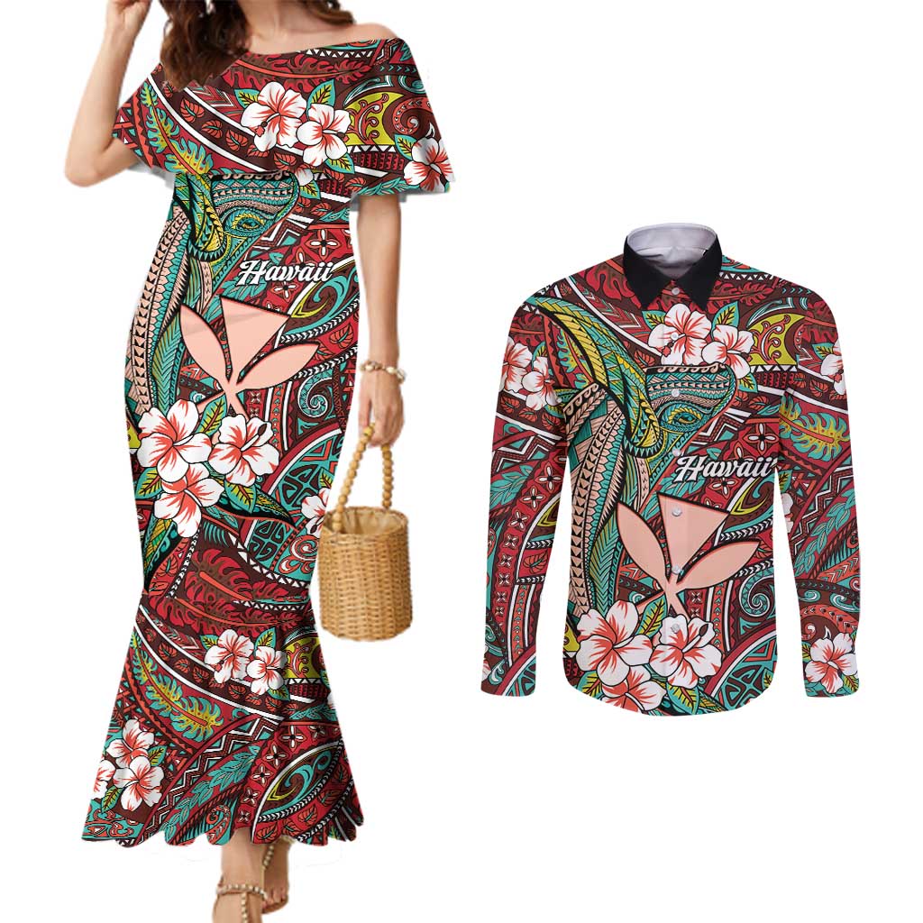 Personalised Hawaii Tribal Humpback Whale Couples Matching Mermaid Dress and Long Sleeve Button Shirt Ulaula Hibiscus Seamless Pattern LT9 Red - Polynesian Pride