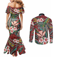 Personalised Hawaii Tribal Humpback Whale Couples Matching Mermaid Dress and Long Sleeve Button Shirt Ulaula Hibiscus Seamless Pattern LT9 - Polynesian Pride
