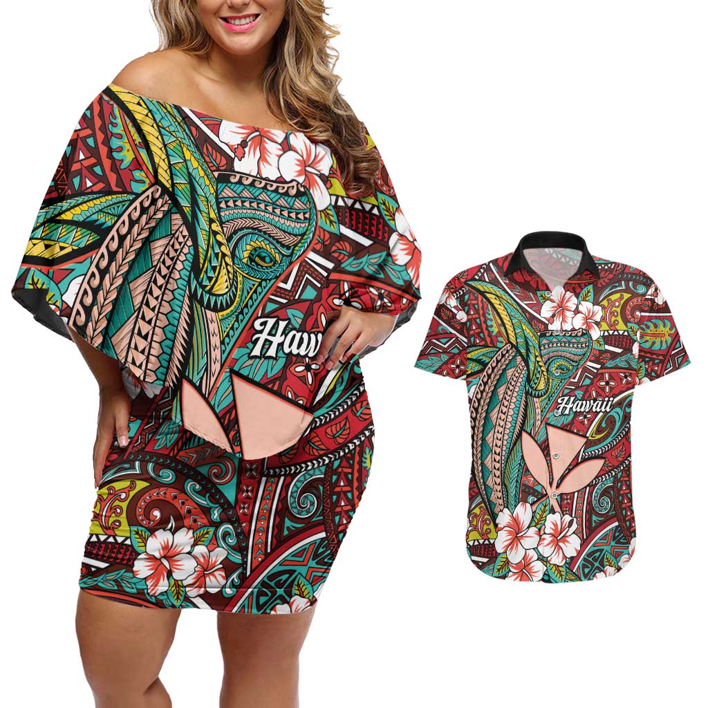 Personalised Hawaii Tribal Humpback Whale Couples Matching Off Shoulder Short Dress and Hawaiian Shirt Ulaula Hibiscus Seamless Pattern