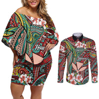 Personalised Hawaii Tribal Humpback Whale Couples Matching Off Shoulder Short Dress and Long Sleeve Button Shirt Ulaula Hibiscus Seamless Pattern