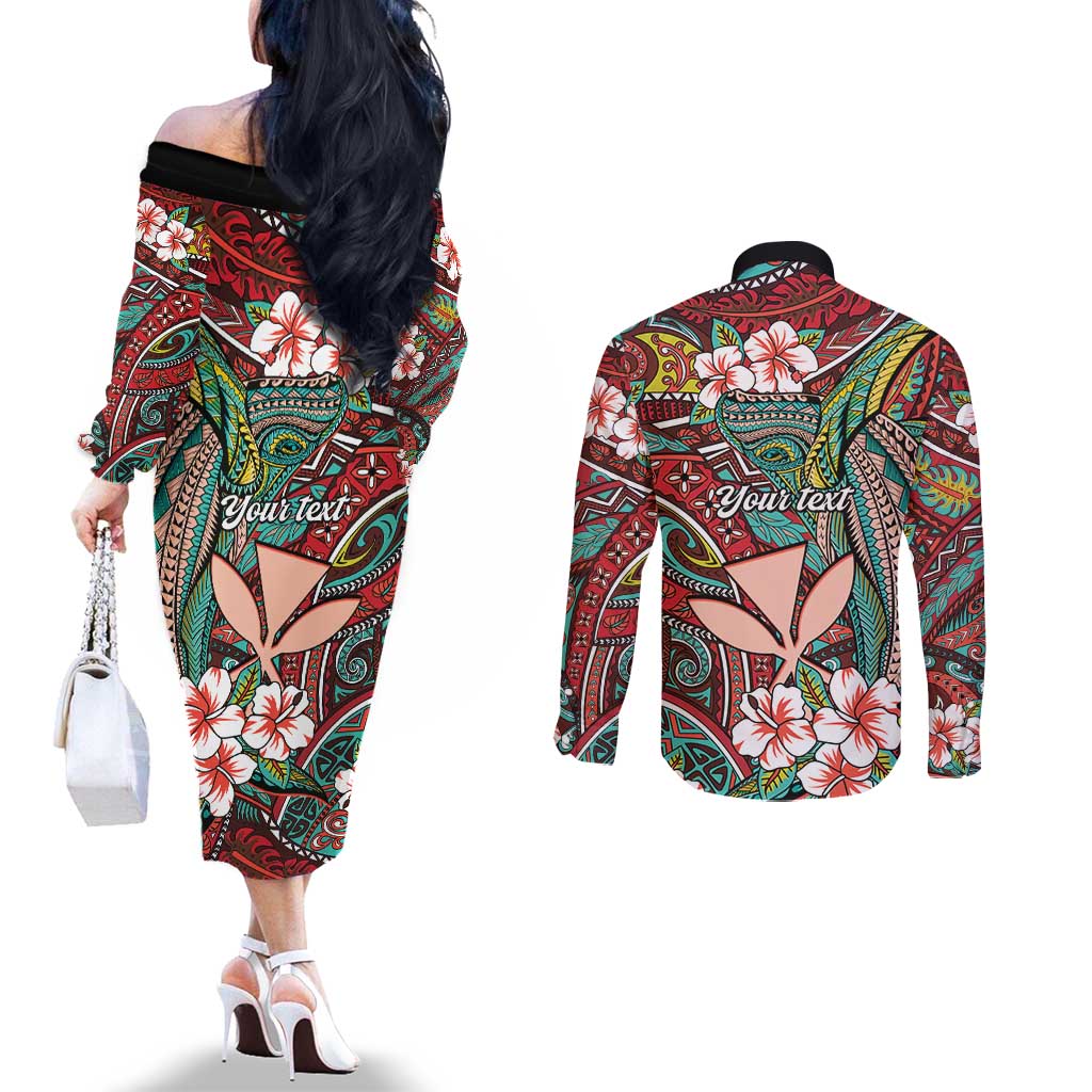 Personalised Hawaii Tribal Humpback Whale Couples Matching Off The Shoulder Long Sleeve Dress and Long Sleeve Button Shirt Ulaula Hibiscus Seamless Pattern LT9 - Polynesian Pride