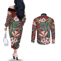 Personalised Hawaii Tribal Humpback Whale Couples Matching Off The Shoulder Long Sleeve Dress and Long Sleeve Button Shirt Ulaula Hibiscus Seamless Pattern LT9 - Polynesian Pride