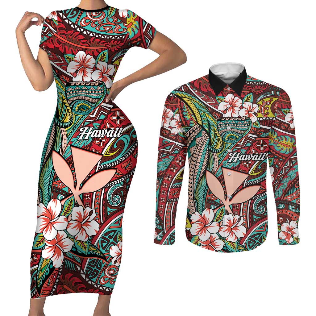 Personalised Hawaii Tribal Humpback Whale Couples Matching Short Sleeve Bodycon Dress and Long Sleeve Button Shirt Ulaula Hibiscus Seamless Pattern