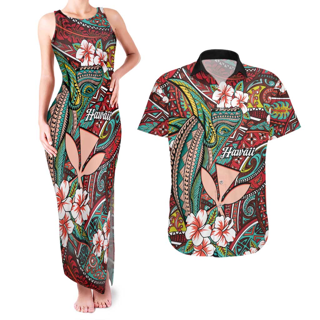 Personalised Hawaii Tribal Humpback Whale Couples Matching Tank Maxi Dress and Hawaiian Shirt Ulaula Hibiscus Seamless Pattern