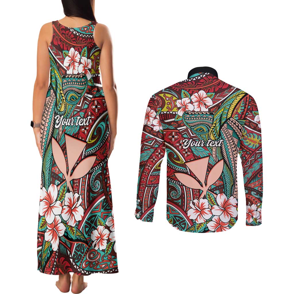 Personalised Hawaii Tribal Humpback Whale Couples Matching Tank Maxi Dress and Long Sleeve Button Shirt Ulaula Hibiscus Seamless Pattern