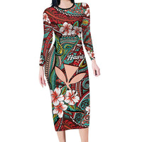Personalised Hawaii Tribal Humpback Whale Family Matching Long Sleeve Bodycon Dress and Hawaiian Shirt Ulaula Hibiscus Seamless Pattern LT9 Mom's Dress Red - Polynesian Pride