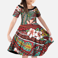Personalised Hawaii Tribal Humpback Whale Family Matching Mermaid Dress and Hawaiian Shirt Ulaula Hibiscus Seamless Pattern LT9 Daughter's Dress Red - Polynesian Pride