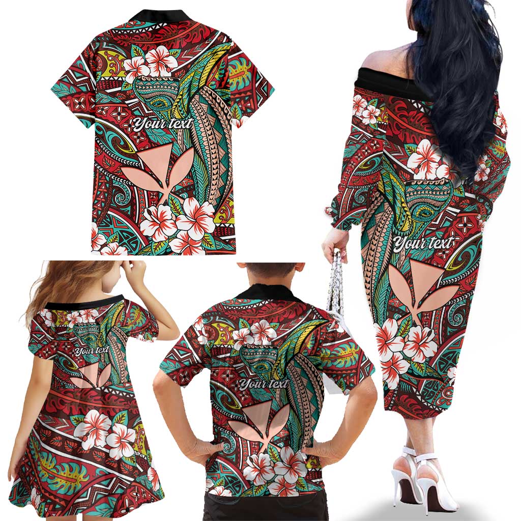 Personalised Hawaii Tribal Humpback Whale Family Matching Off The Shoulder Long Sleeve Dress and Hawaiian Shirt Ulaula Hibiscus Seamless Pattern LT9 - Polynesian Pride