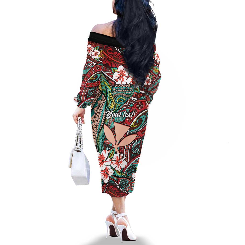 Personalised Hawaii Tribal Humpback Whale Family Matching Off The Shoulder Long Sleeve Dress and Hawaiian Shirt Ulaula Hibiscus Seamless Pattern LT9 - Polynesian Pride