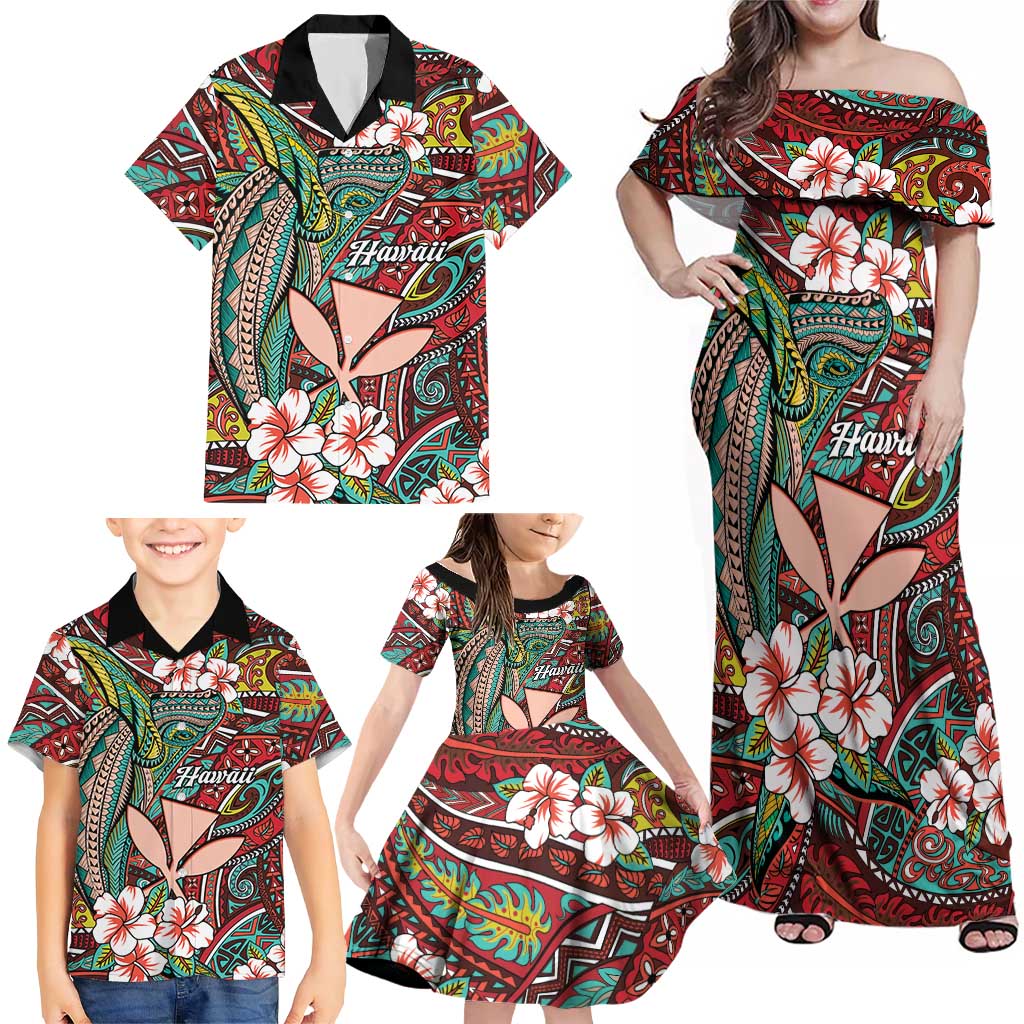 Personalised Hawaii Tribal Humpback Whale Family Matching Off Shoulder Maxi Dress and Hawaiian Shirt Ulaula Hibiscus Seamless Pattern LT9 - Polynesian Pride