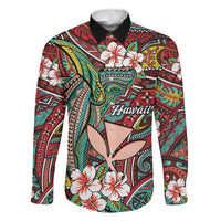 Personalised Hawaii Tribal Humpback Whale Family Matching Off Shoulder Maxi Dress and Hawaiian Shirt Ulaula Hibiscus Seamless Pattern LT9 Dad's Shirt - Long Sleeve Red - Polynesian Pride