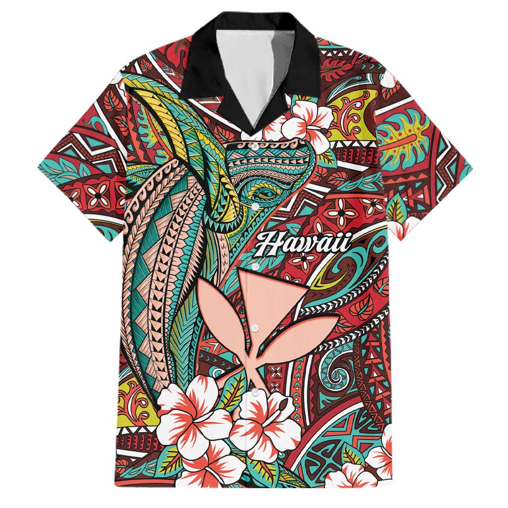 Personalised Hawaii Tribal Humpback Whale Family Matching Off Shoulder Short Dress and Hawaiian Shirt Ulaula Hibiscus Seamless Pattern LT9 Dad's Shirt - Short Sleeve Red - Polynesian Pride
