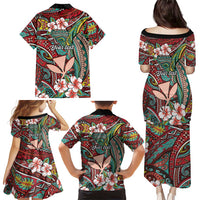 Personalised Hawaii Tribal Humpback Whale Family Matching Puletasi and Hawaiian Shirt Ulaula Hibiscus Seamless Pattern