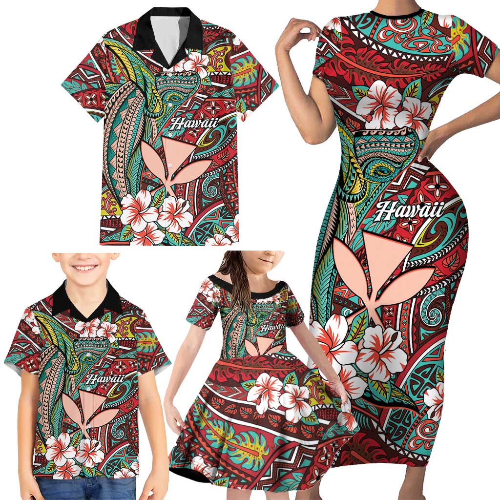 Personalised Hawaii Tribal Humpback Whale Family Matching Short Sleeve Bodycon Dress and Hawaiian Shirt Ulaula Hibiscus Seamless Pattern