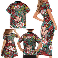 Personalised Hawaii Tribal Humpback Whale Family Matching Short Sleeve Bodycon Dress and Hawaiian Shirt Ulaula Hibiscus Seamless Pattern LT9 - Polynesian Pride