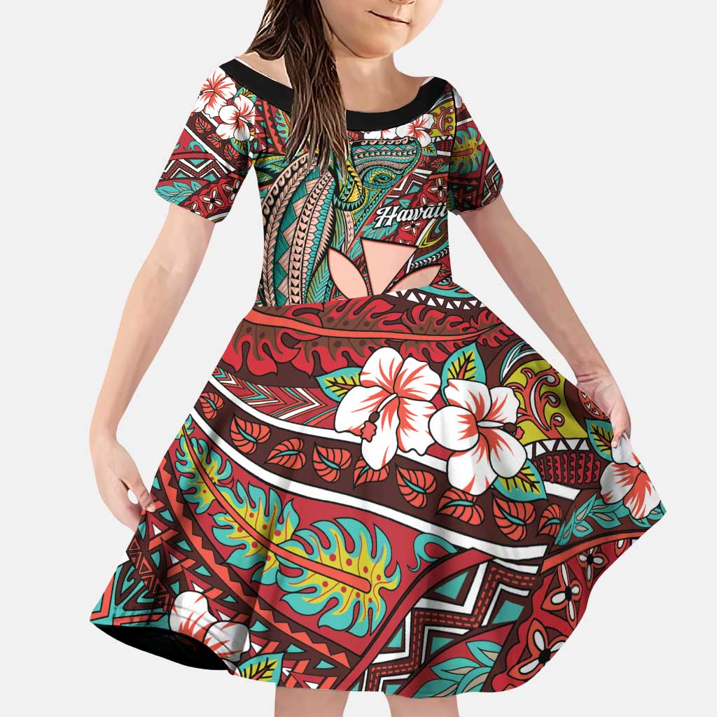 Personalised Hawaii Tribal Humpback Whale Family Matching Summer Maxi Dress and Hawaiian Shirt Ulaula Hibiscus Seamless Pattern LT9 Daughter's Dress Red - Polynesian Pride