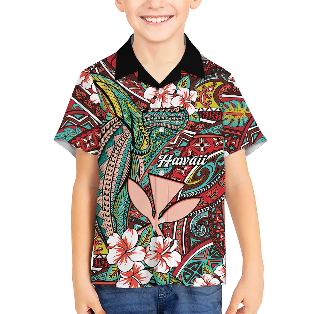 Personalised Hawaii Tribal Humpback Whale Family Matching Summer Maxi Dress and Hawaiian Shirt Ulaula Hibiscus Seamless Pattern LT9 Son's Shirt Red - Polynesian Pride
