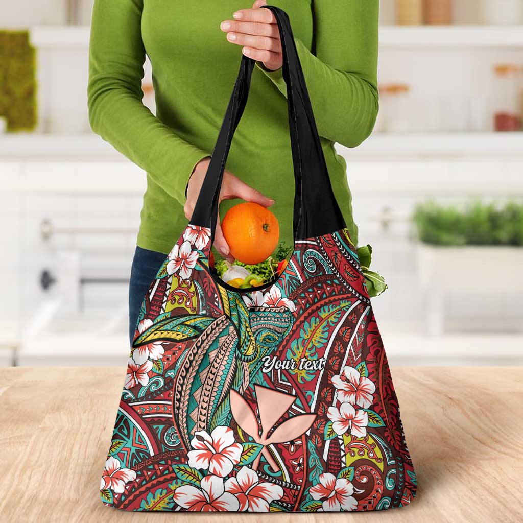 Personalised Hawaii Tribal Humpback Whale Grocery Bag Ulaula Hibiscus Seamless Pattern
