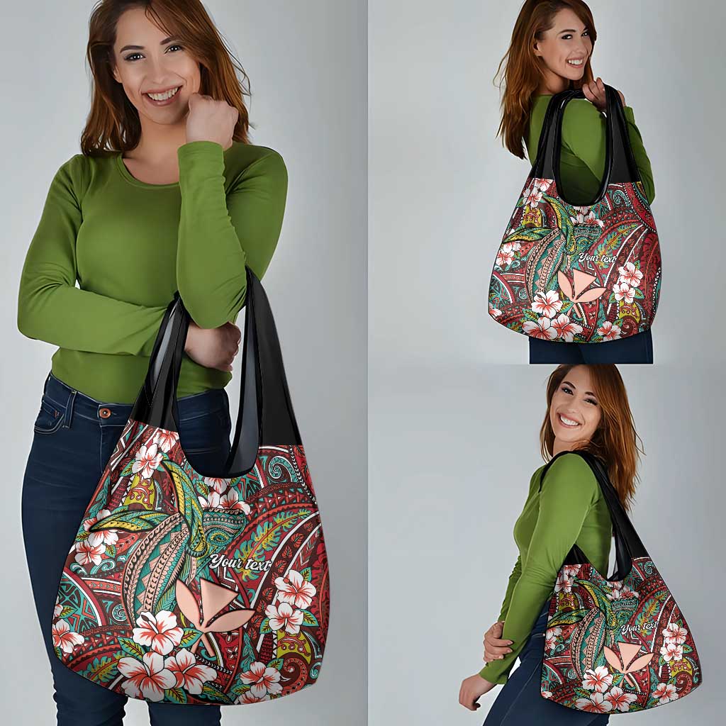 Personalised Hawaii Tribal Humpback Whale Grocery Bag Ulaula Hibiscus Seamless Pattern