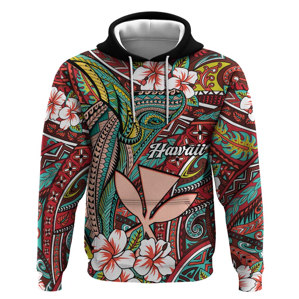Personalised Hawaii Tribal Humpback Whale Hoodie Ulaula Hibiscus Seamless Pattern