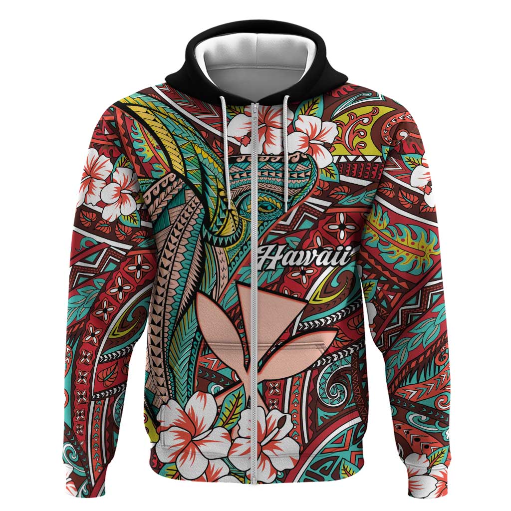 Personalised Hawaii Tribal Humpback Whale Hoodie Ulaula Hibiscus Seamless Pattern