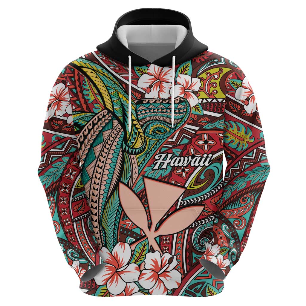 Personalised Hawaii Tribal Humpback Whale Hoodie Ulaula Hibiscus Seamless Pattern