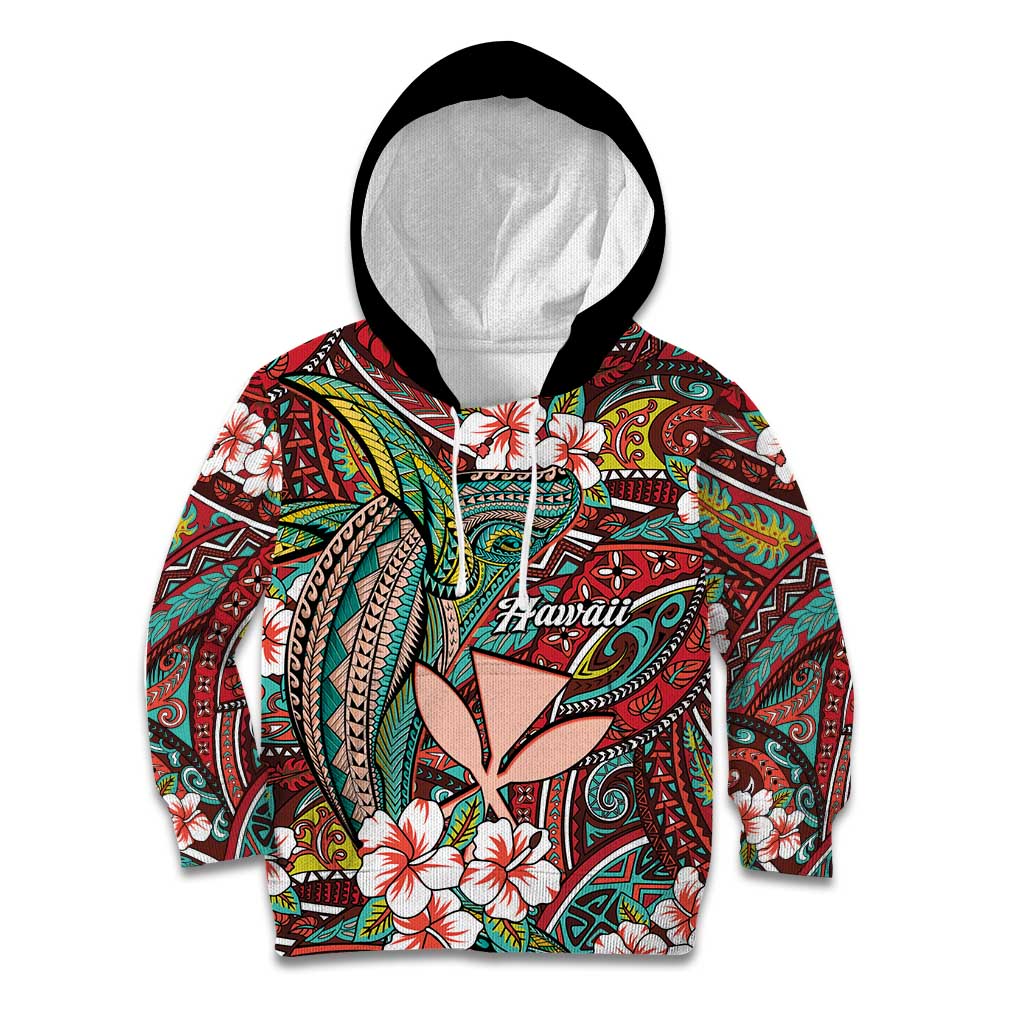 Personalised Hawaii Tribal Humpback Whale Kid Hoodie Ulaula Hibiscus Seamless Pattern