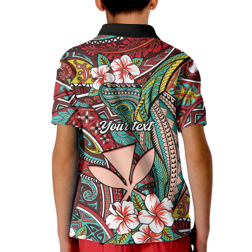 Personalised Hawaii Tribal Humpback Whale Kid Polo Shirt Ulaula Hibiscus Seamless Pattern