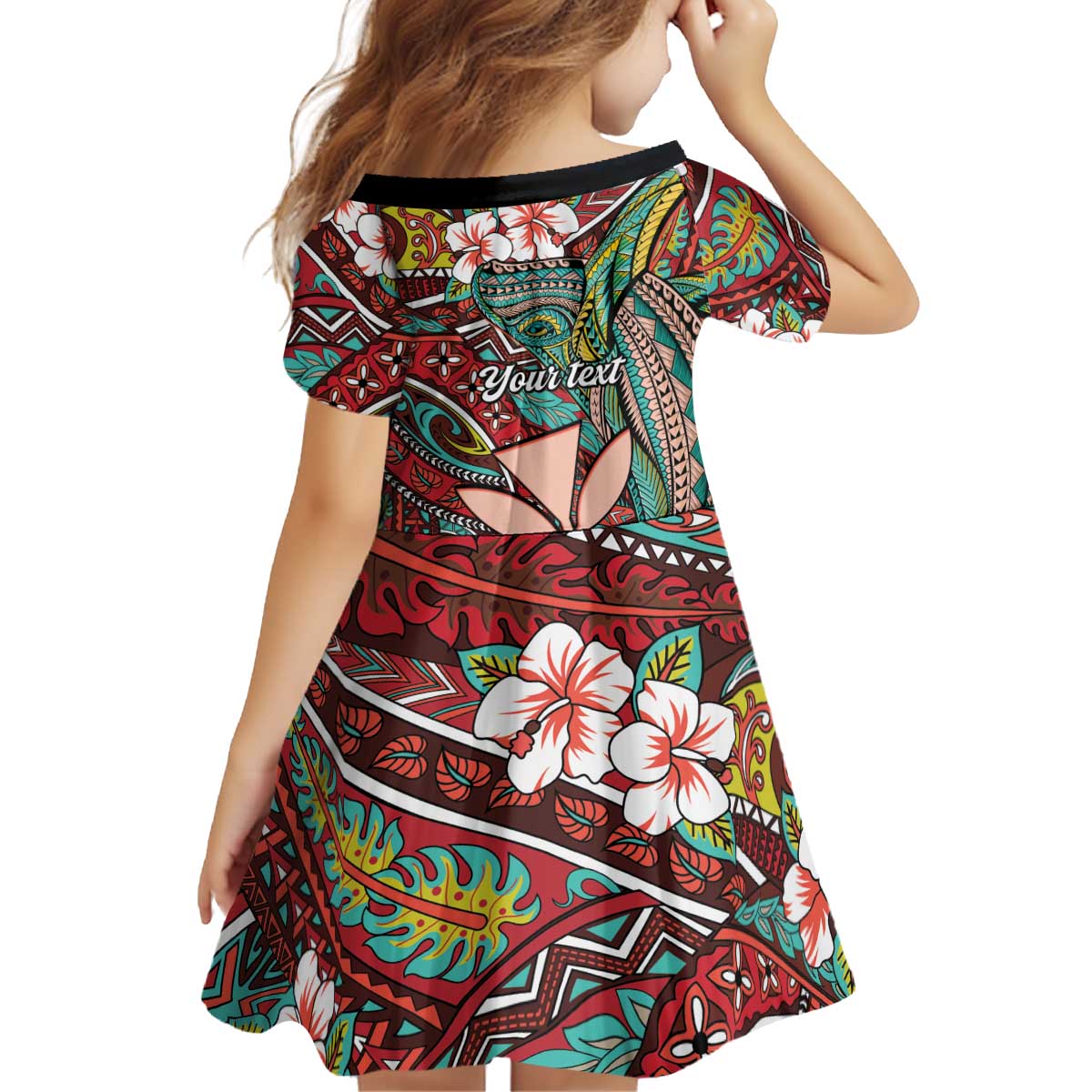 Personalised Hawaii Tribal Humpback Whale Kid Short Sleeve Dress Ulaula Hibiscus Seamless Pattern