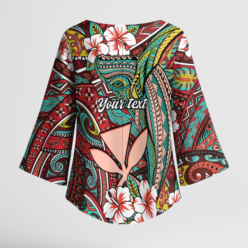 Personalised Hawaii Tribal Humpback Whale Kimono Sleeve Blouse Ulaula Hibiscus Seamless Pattern