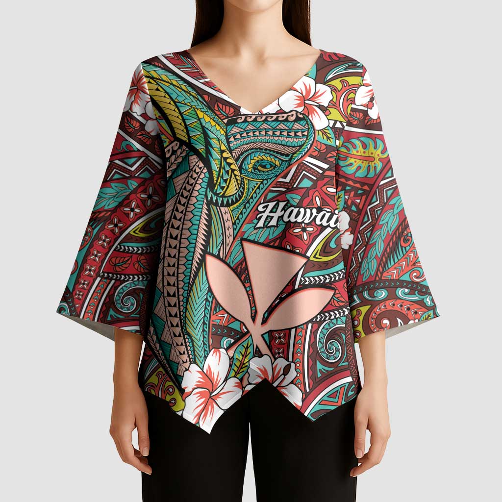Personalised Hawaii Tribal Humpback Whale Kimono Sleeve Blouse Ulaula Hibiscus Seamless Pattern