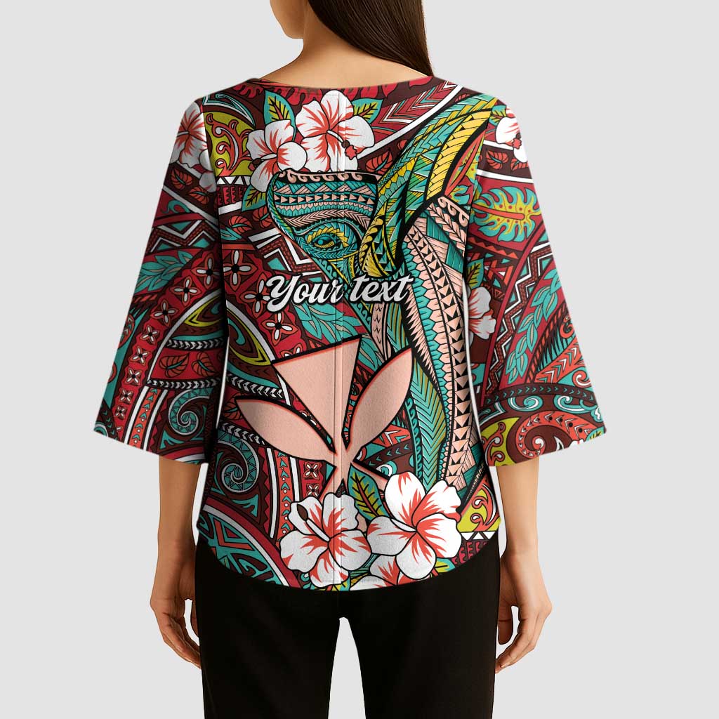 Personalised Hawaii Tribal Humpback Whale Kimono Sleeve Blouse Ulaula Hibiscus Seamless Pattern