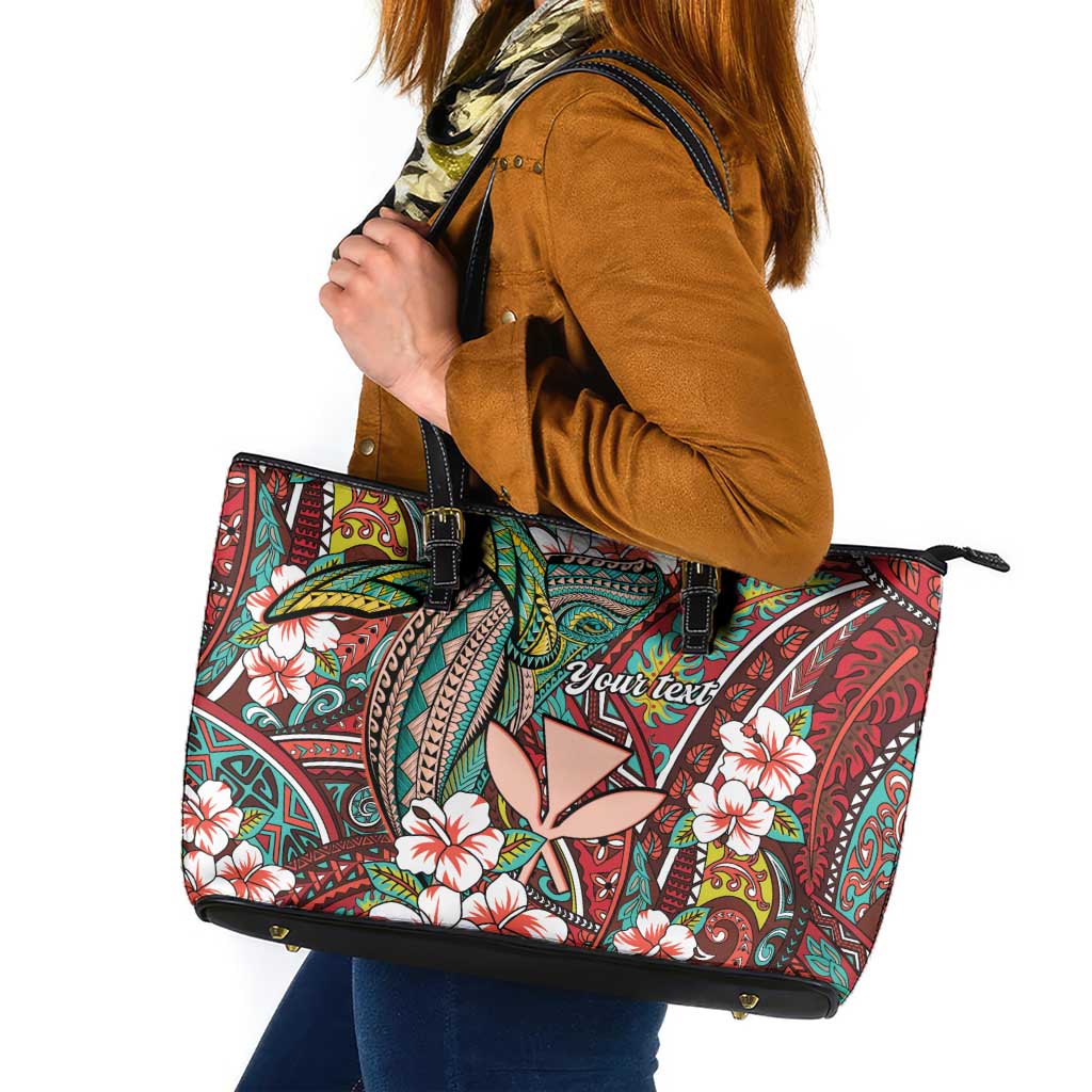 Personalised Hawaii Tribal Humpback Whale Leather Tote Bag Ulaula Hibiscus Seamless Pattern
