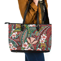 Personalised Hawaii Tribal Humpback Whale Leather Tote Bag Ulaula Hibiscus Seamless Pattern