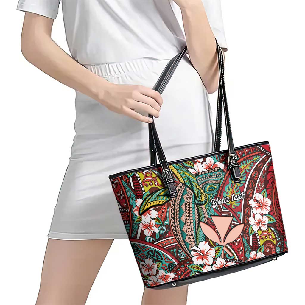 Personalised Hawaii Tribal Humpback Whale Leather Tote Bag Ulaula Hibiscus Seamless Pattern