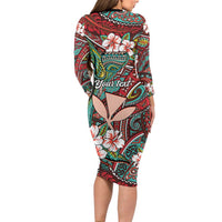 Personalised Hawaii Tribal Humpback Whale Long Sleeve Bodycon Dress Ulaula Hibiscus Seamless Pattern
