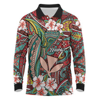 Personalised Hawaii Tribal Humpback Whale Long Sleeve Polo Shirt Ulaula Hibiscus Seamless Pattern