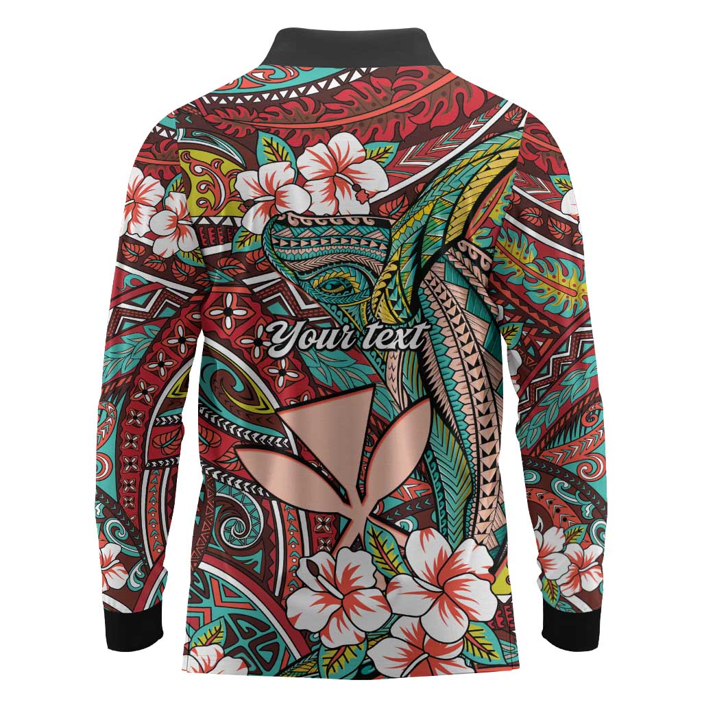 Personalised Hawaii Tribal Humpback Whale Long Sleeve Polo Shirt Ulaula Hibiscus Seamless Pattern