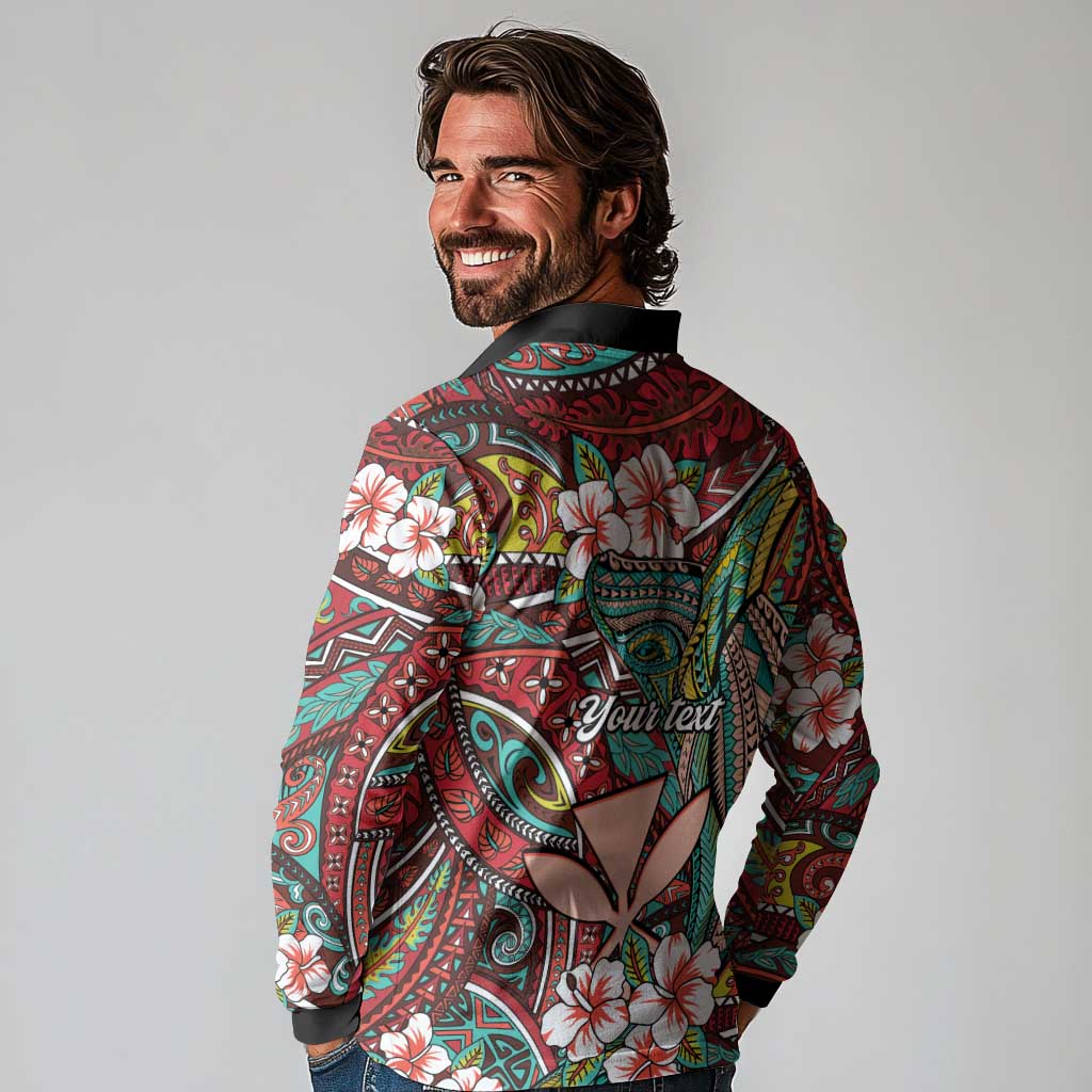 Personalised Hawaii Tribal Humpback Whale Long Sleeve Polo Shirt Ulaula Hibiscus Seamless Pattern