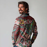 Personalised Hawaii Tribal Humpback Whale Long Sleeve Polo Shirt Ulaula Hibiscus Seamless Pattern